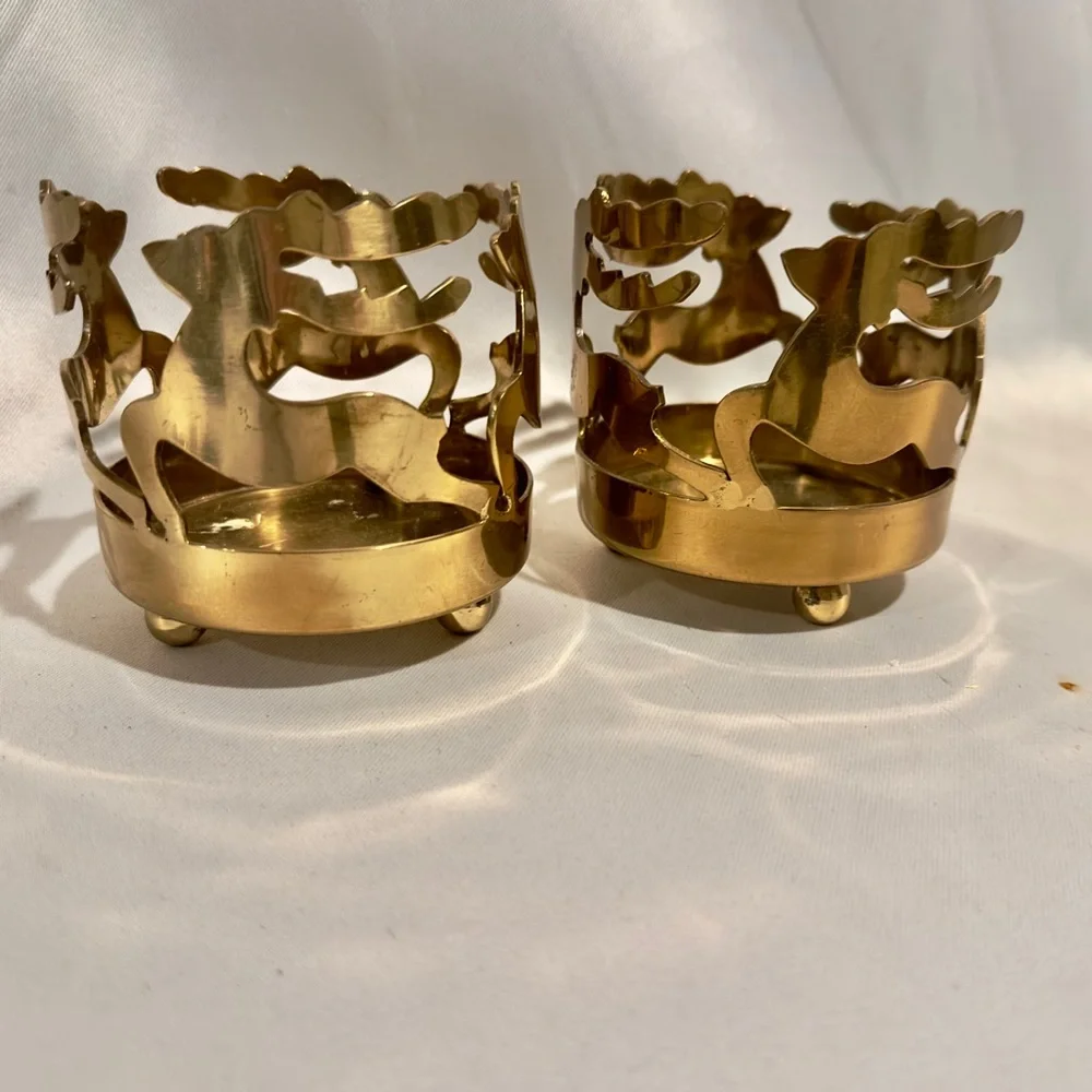 Vintage Brass Reindeer Candle Holders Christmas Winter A Pair